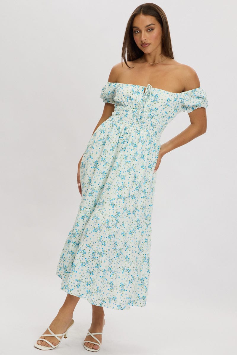 Blue Floral Maxi Dress Puff Sleeve for Ally Fashion