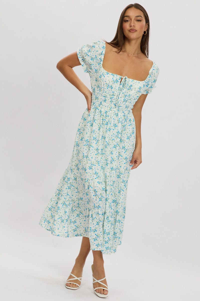 Blue Floral Maxi Dress Puff Sleeve for Ally Fashion