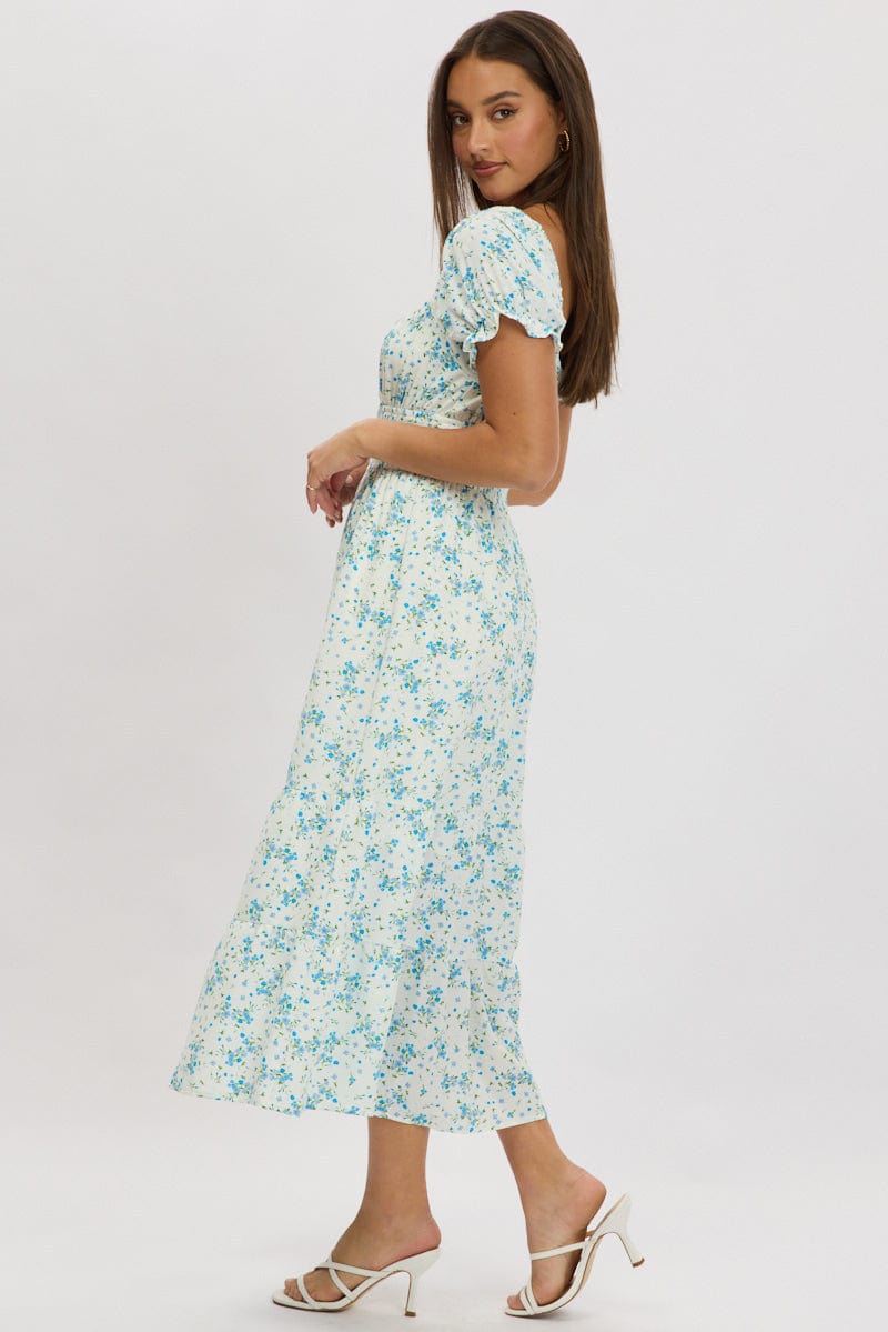 Blue Floral Maxi Dress Puff Sleeve for Ally Fashion