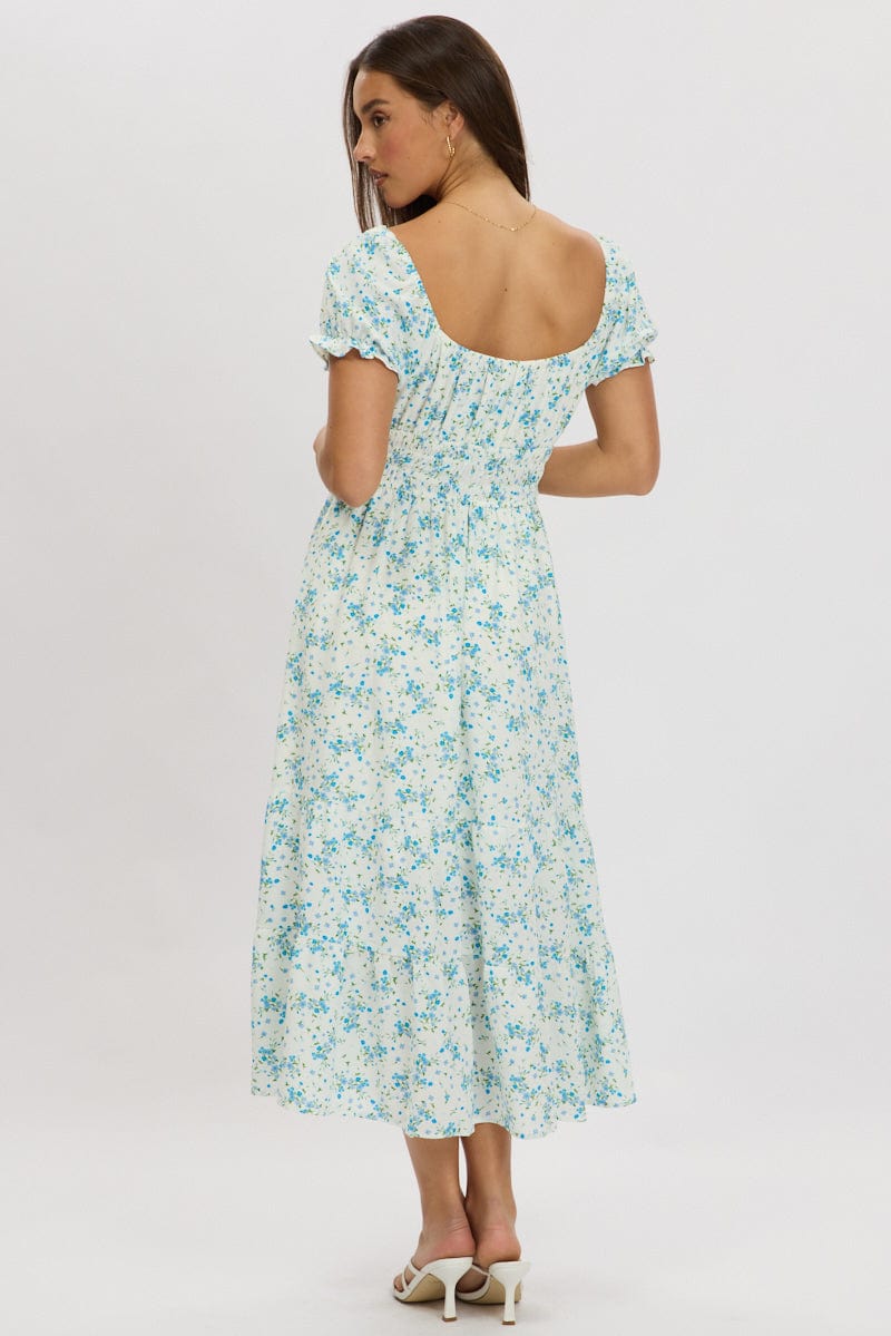 Blue Floral Maxi Dress Puff Sleeve for Ally Fashion