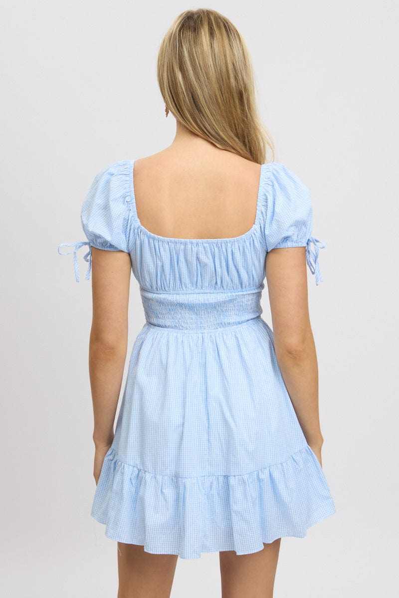 Blue Check Fit And Flare Dress Puff Sleeve Mini | Ally Fashion Blue Check Fit And Flare Dress Puff Sleeve Mini | Ally Fashion