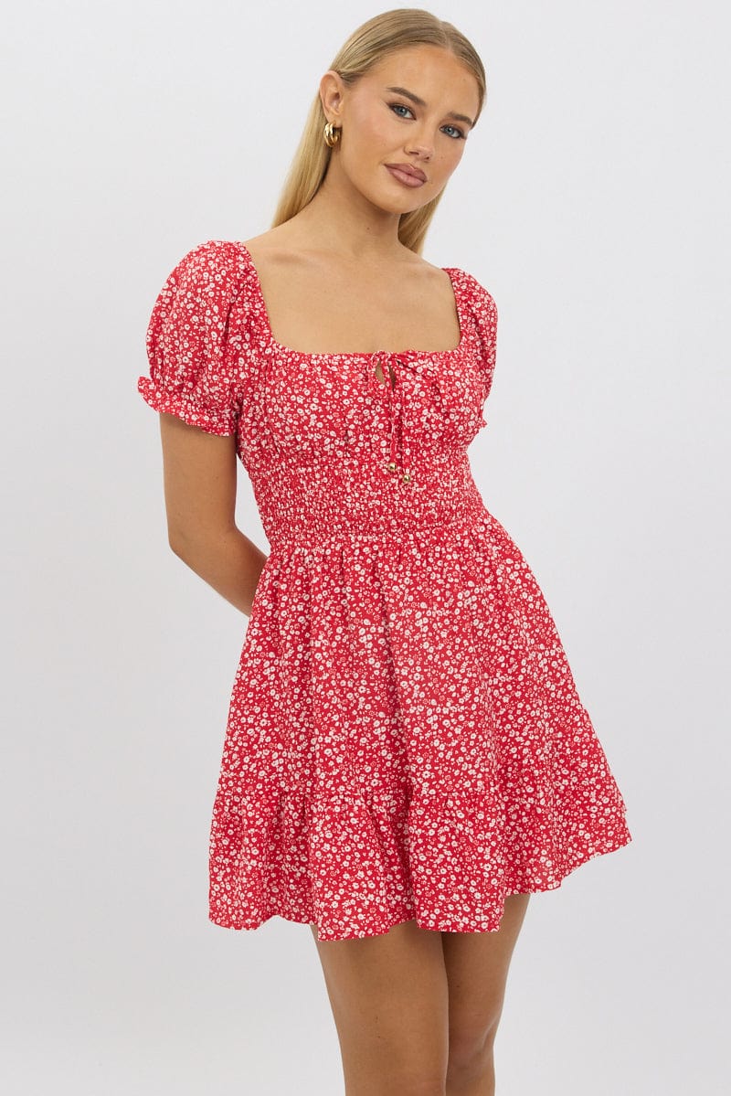 Red Ditsy Fit And Flare Dress Mini for Ally Fashion