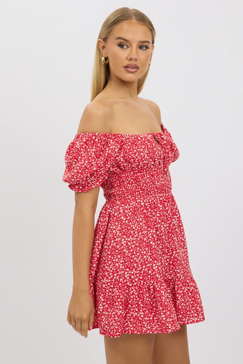 Red Ditsy Fit And Flare Dress Mini for Ally Fashion