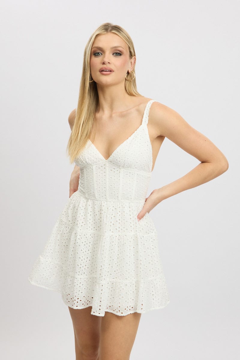 White Fit And Flare Dress Mini Eyelet Fabric | Ally Fashion White Fit And Flare Dress Mini Eyelet Fabric | Ally Fashion