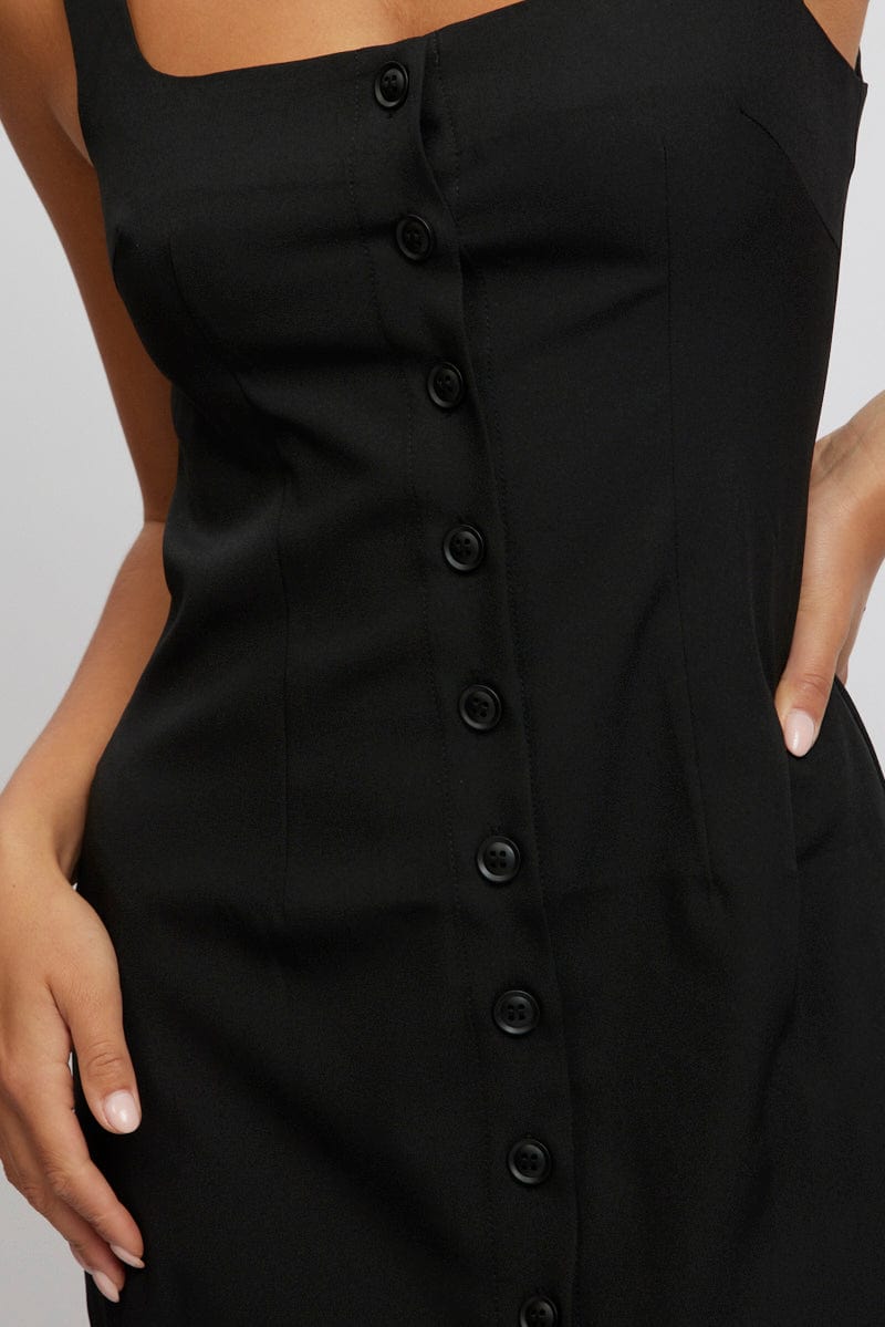 Black Mini Dress Square Neck Button Down for Ally Fashion