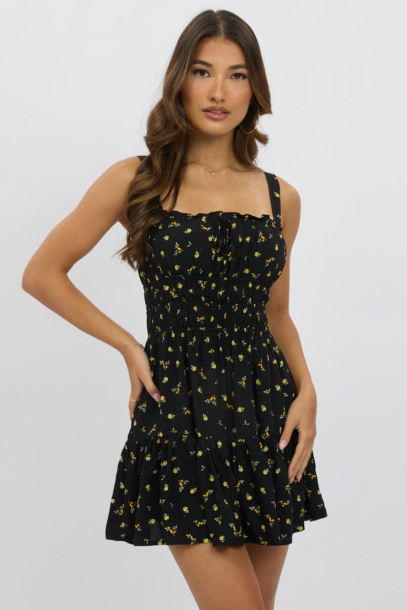 Black Ditsy Fit And Flare Dress Mini for Ally Fashion