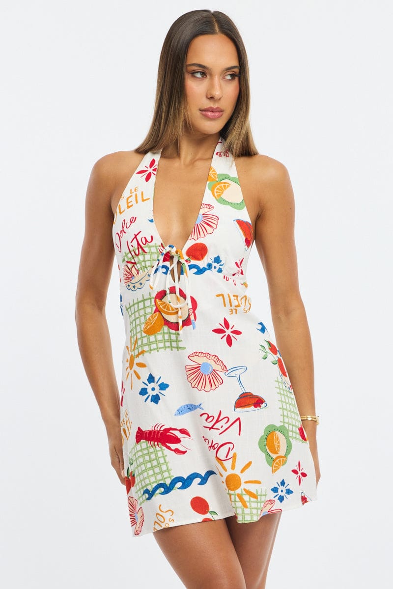 Red Abstract Halter Neck Dress Mini for Ally Fashion