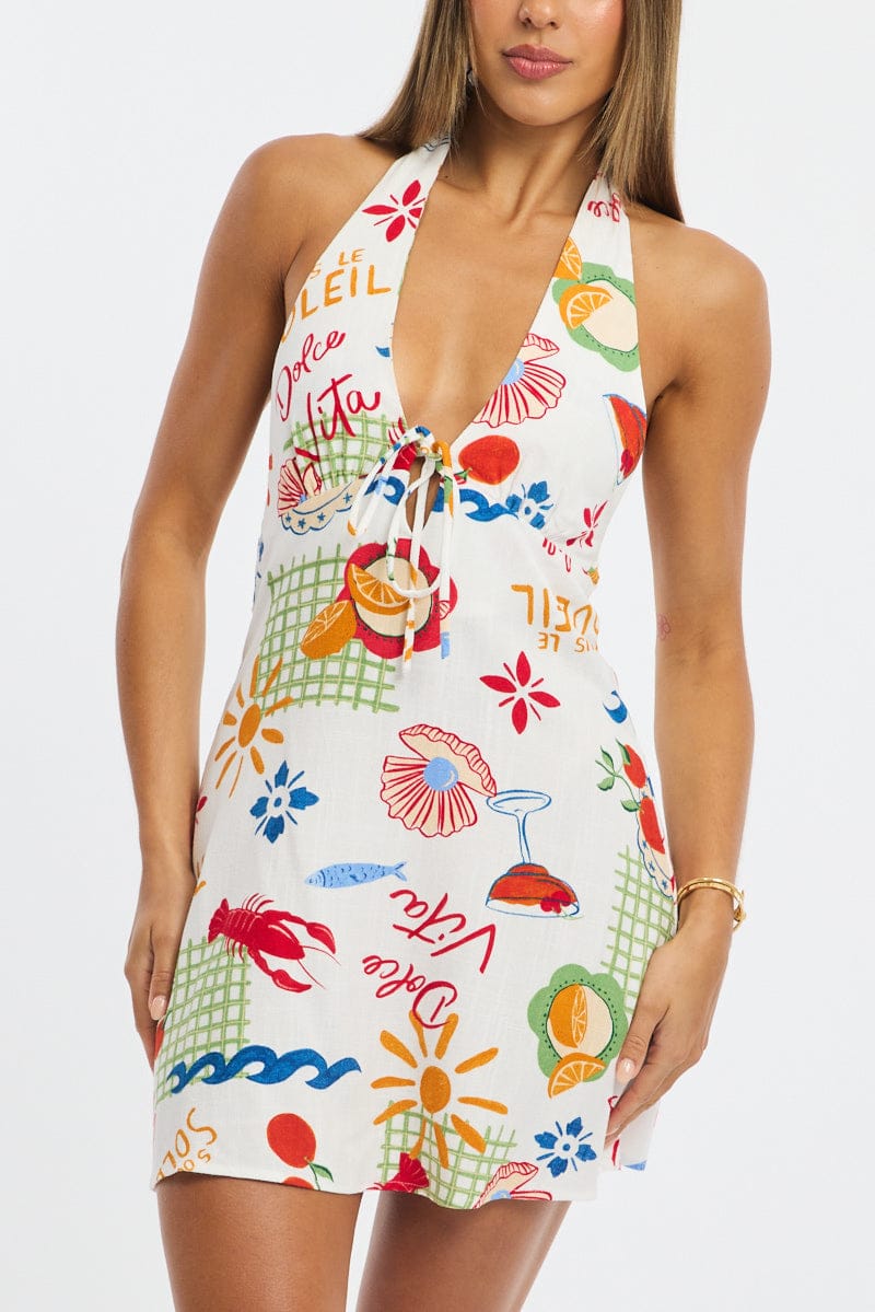 Red Abstract Halter Neck Dress Mini for Ally Fashion