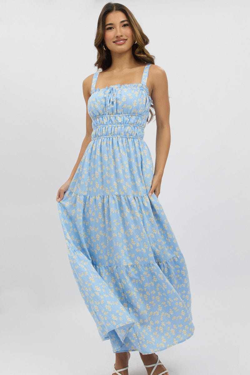 Blue Ditsy Maxi Dress Strappy Tiered for Ally Fashion