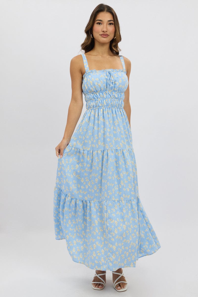 Blue Ditsy Maxi Dress Strappy Tiered for Ally Fashion