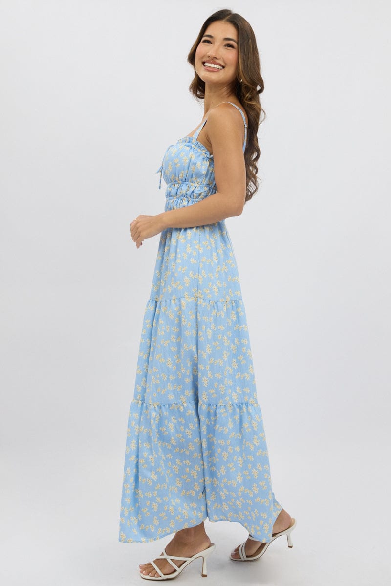 Blue Ditsy Maxi Dress Strappy Tiered for Ally Fashion