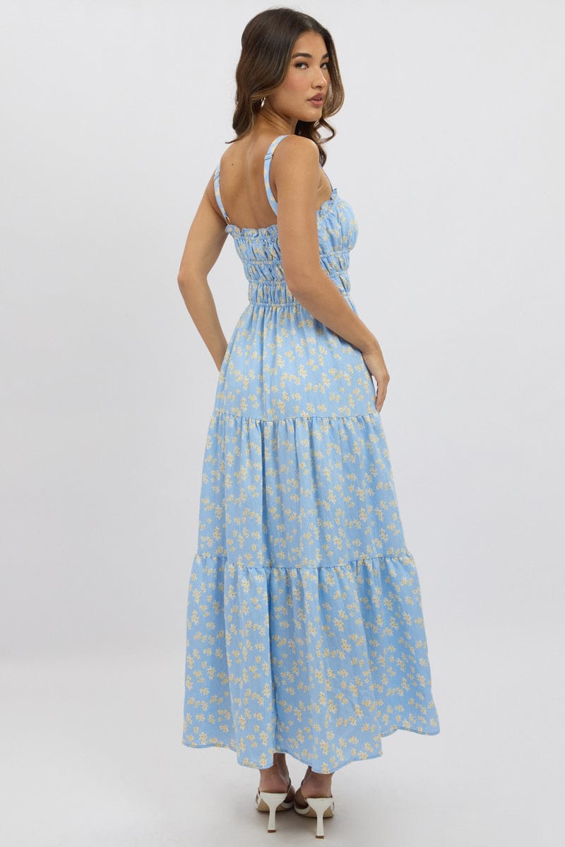 Blue Ditsy Maxi Dress Strappy Tiered for Ally Fashion