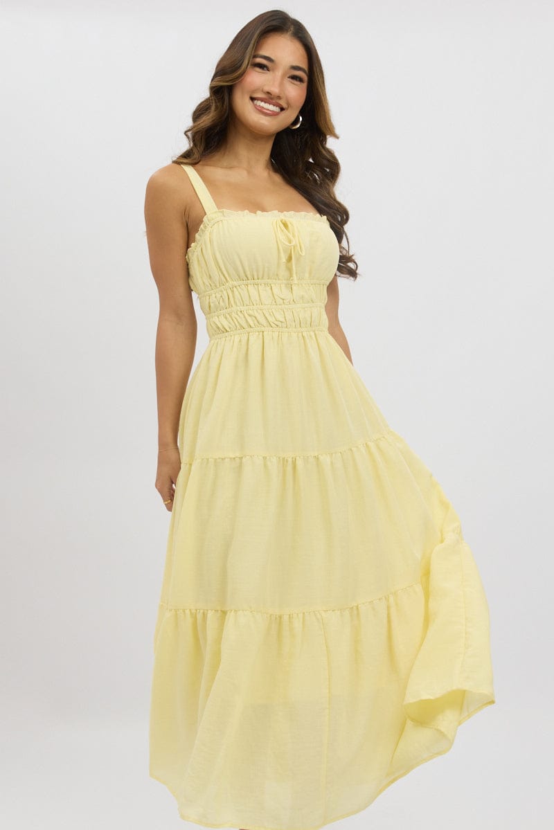 Yellow Maxi Dress Strappy Tiered for Ally Fashion