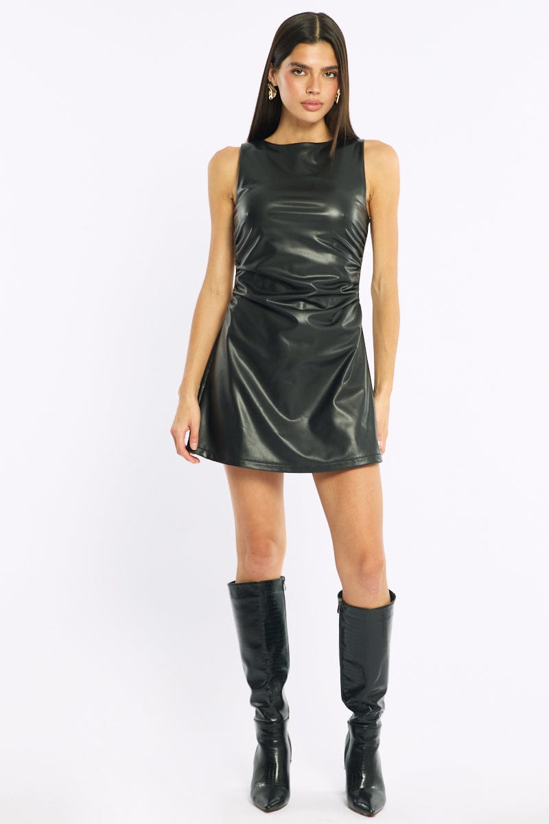 Black Mini Dress Faux Leather for Ally Fashion