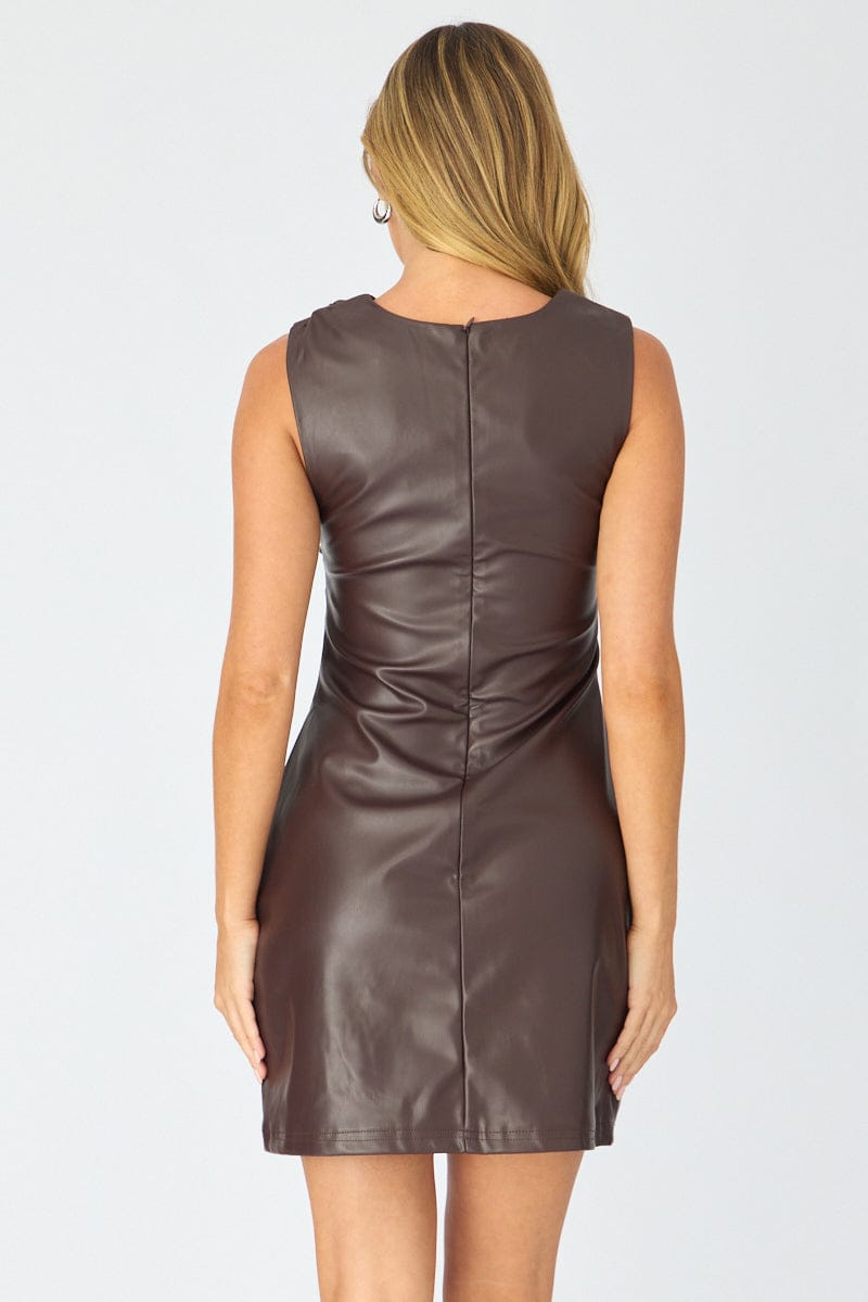 Brown Mini Dress Faux Leather for Ally Fashion