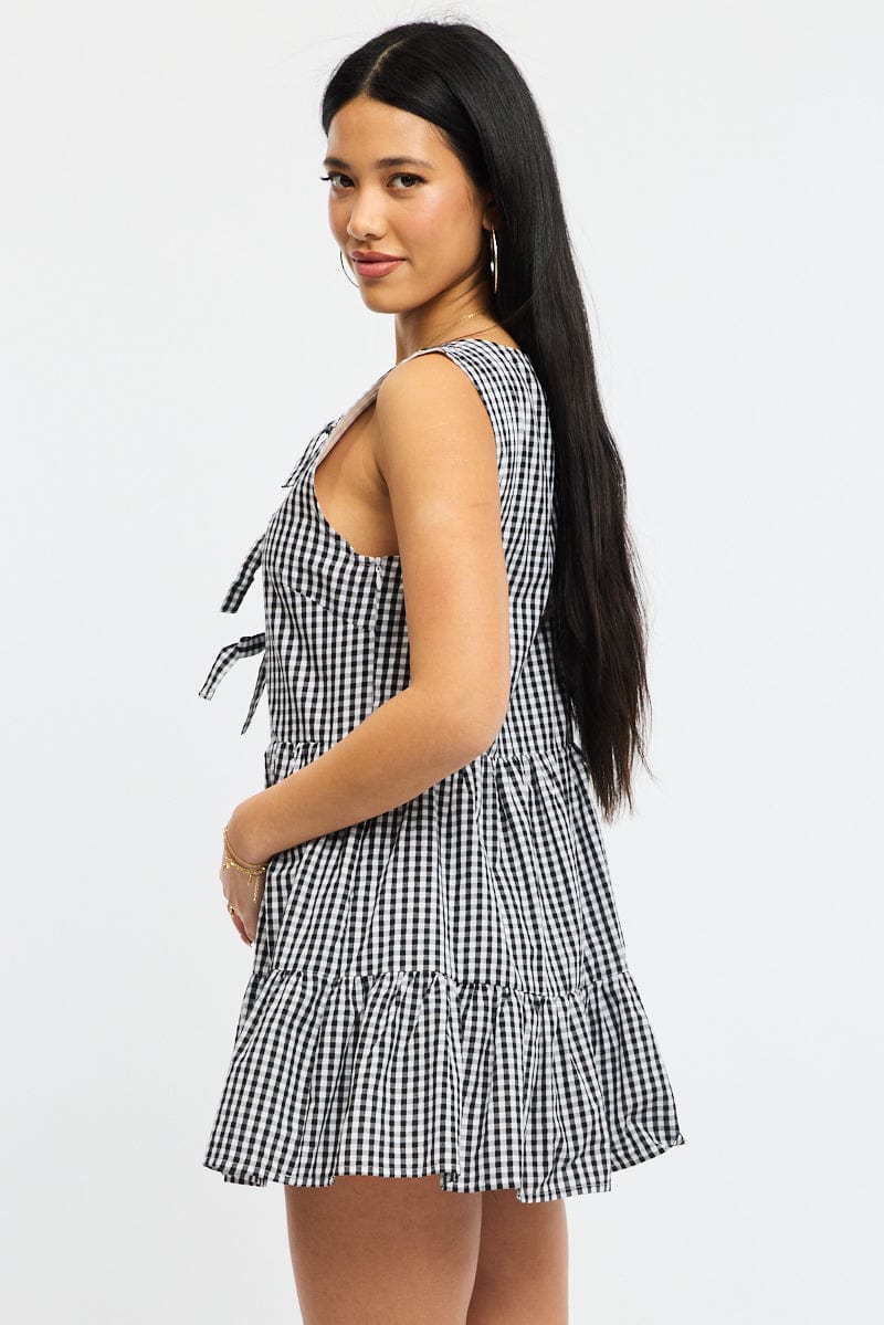 Black Check Mini Dress Ribbon Detail for Ally Fashion