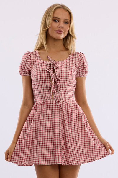 Red Check Mini Dress Ribbon Detail | Ally Fashion