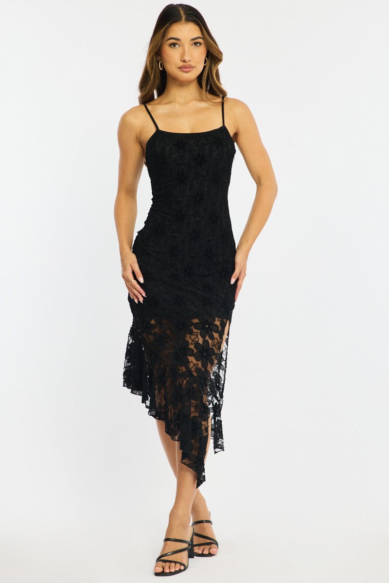 Black Midi Dress Asymmetric Hem Lace for Ally Fashion