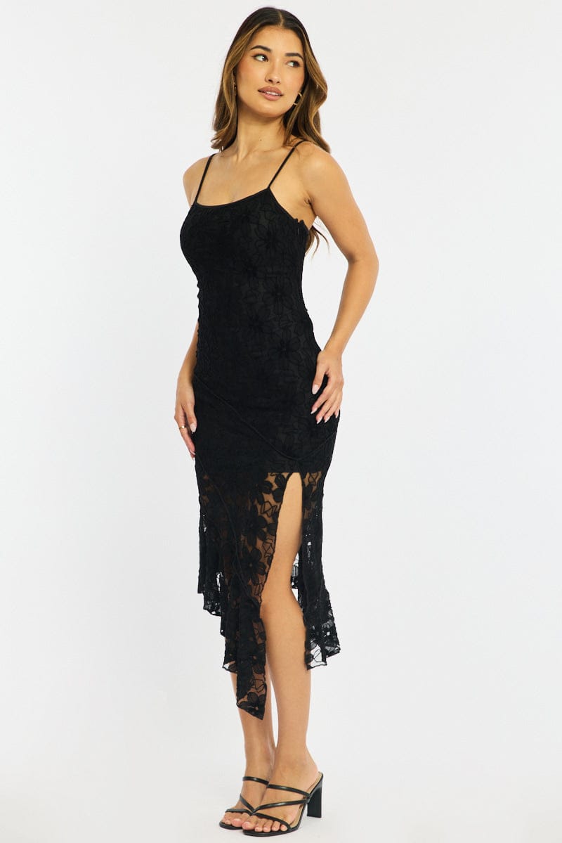 Black Midi Dress Asymmetric Hem Lace for Ally Fashion