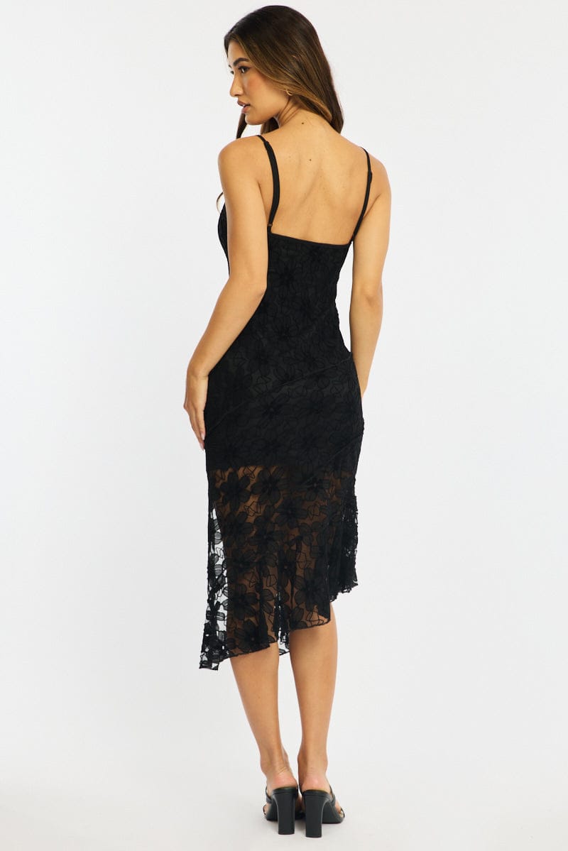 Black Midi Dress Asymmetric Hem Lace for Ally Fashion