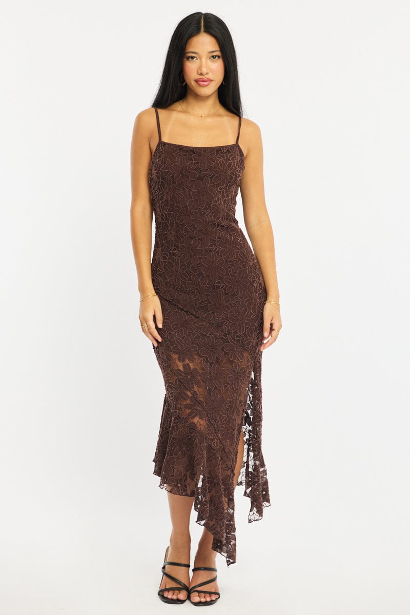 Brown Midi Dress Asymmetric Hem Lace for Ally Fashion