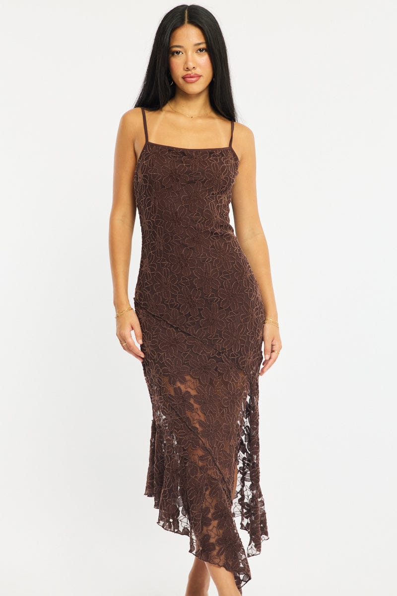 Brown Midi Dress Asymmetric Hem Lace | Ally Fashion Brown Midi Dress Asymmetric Hem Lace | Ally Fashion