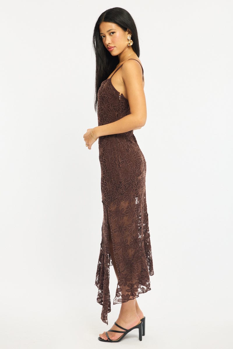 Brown Midi Dress Asymmetric Hem Lace for Ally Fashion