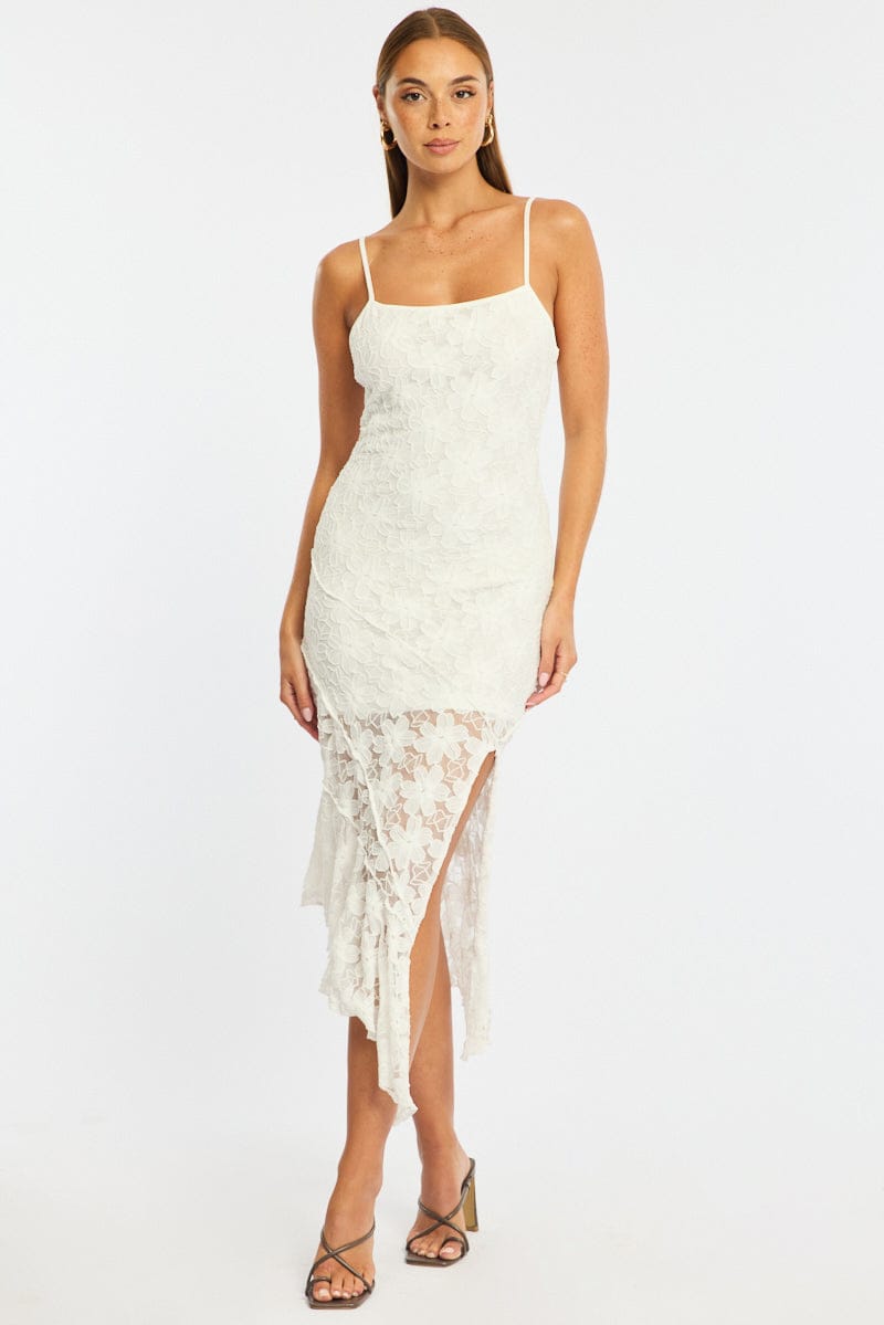 White Midi Dress Asymmetric Hem Lace for Ally Fashion