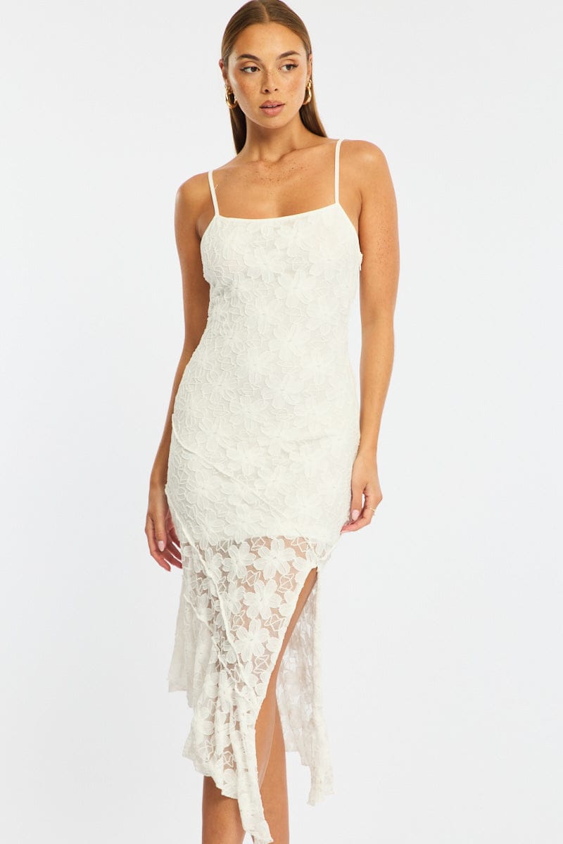 White Midi Dress Asymmetric Hem Lace for Ally Fashion