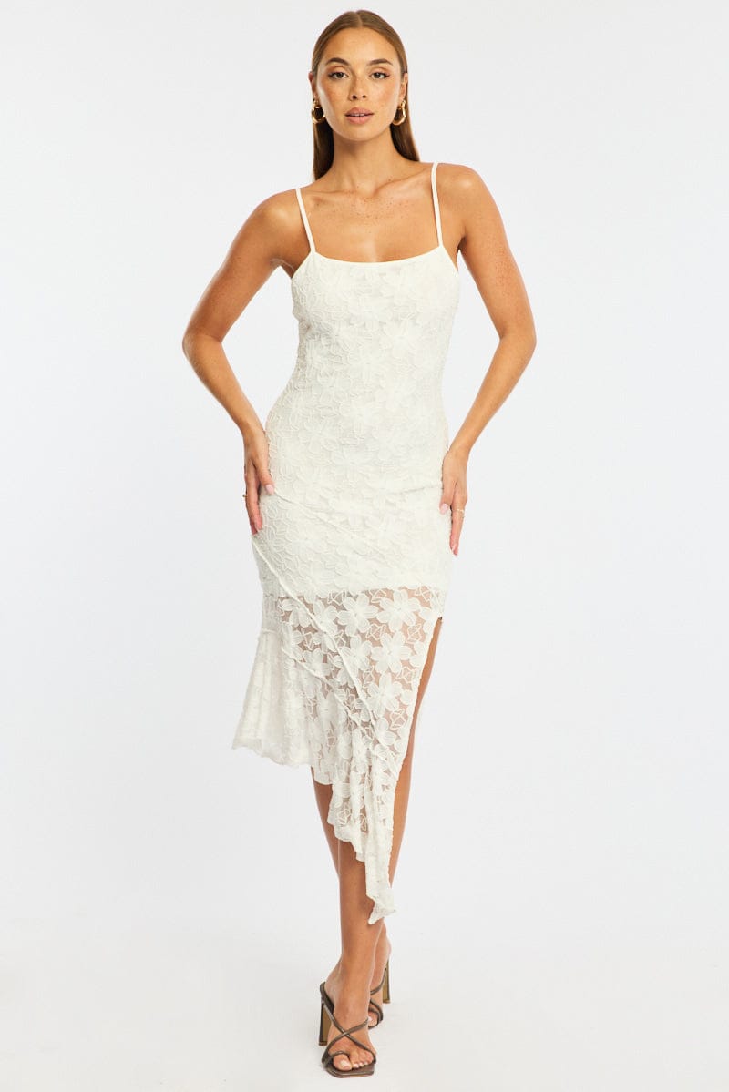 White Midi Dress Asymmetric Hem Lace for Ally Fashion