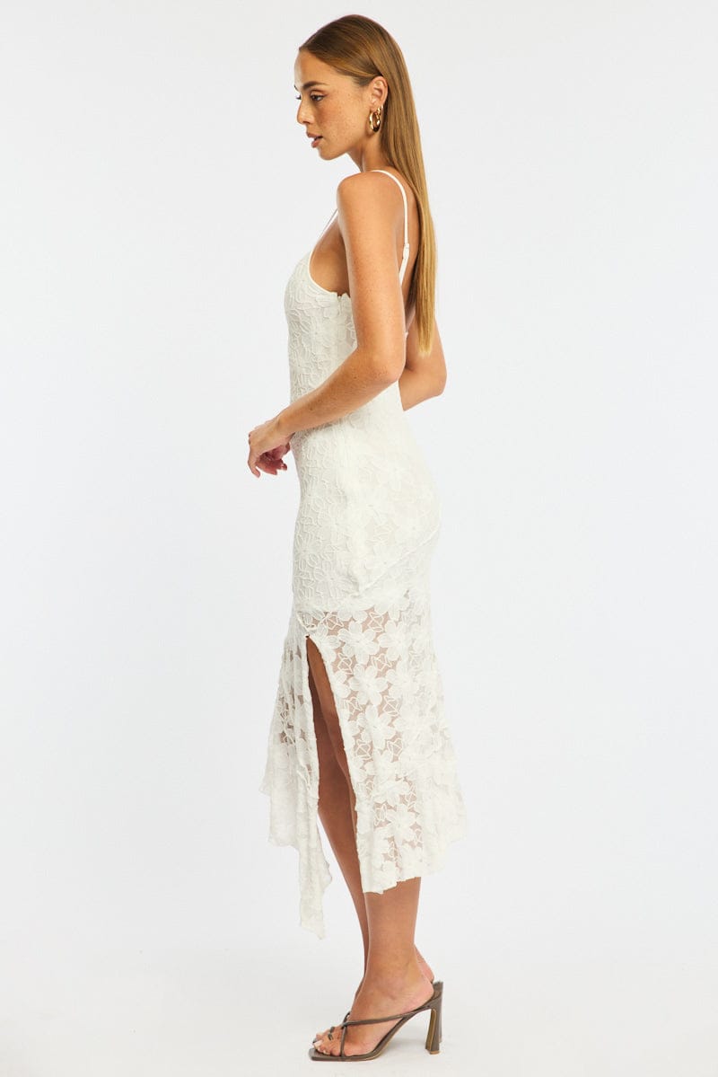 White Midi Dress Asymmetric Hem Lace for Ally Fashion