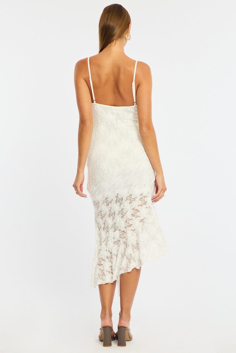 White Midi Dress Asymmetric Hem Lace for Ally Fashion