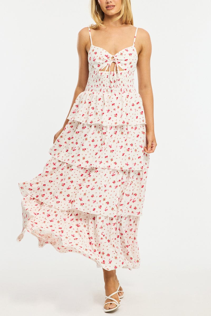 Red Ditsy Maxi Dress Tiered for Ally Fashion