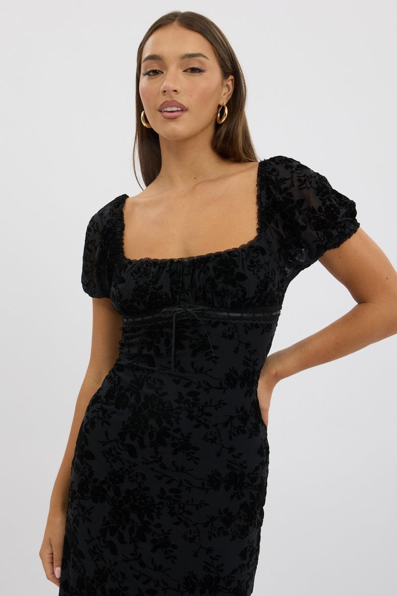 Black Maxi Dress Puff Sleeve Burn Out | Ally Fashion Black Maxi Dress Puff Sleeve Burn Out | Ally Fashion