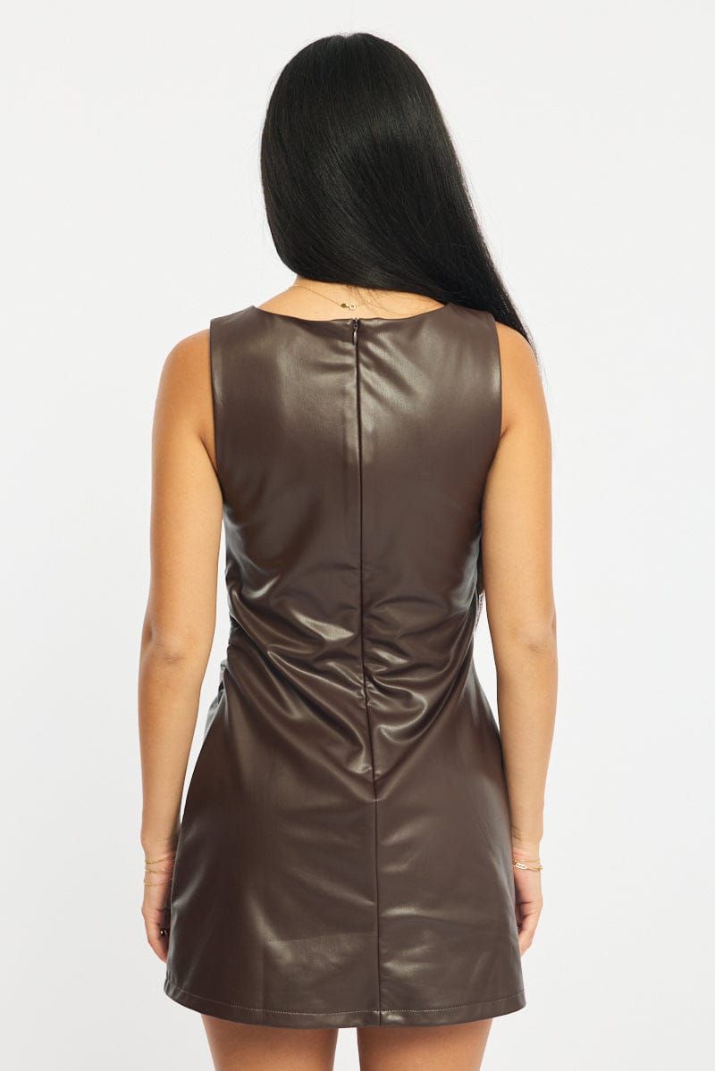 Brown Mini Dress Round Neck for Ally Fashion