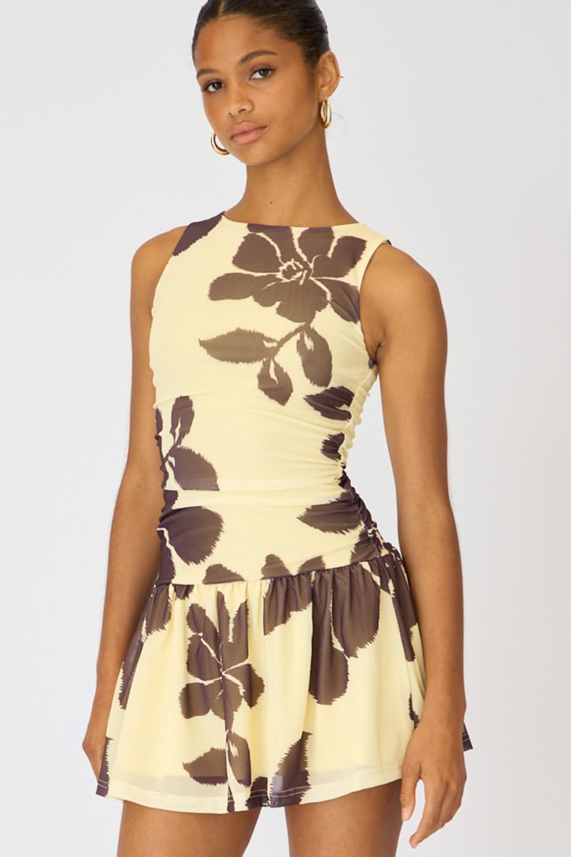 Yellow Floral Mini Dress Drop Waist for Ally Fashion