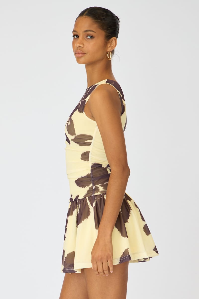 Yellow Floral Mini Dress Drop Waist for Ally Fashion