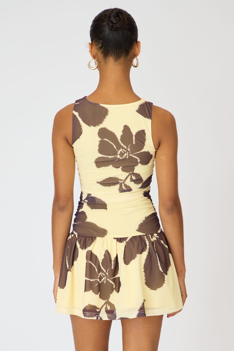 Yellow Floral Mini Dress Drop Waist for Ally Fashion