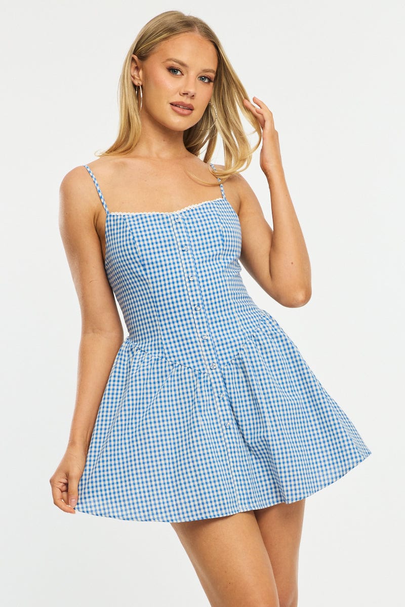 Blue Check Mini Dress Strappy for Ally Fashion