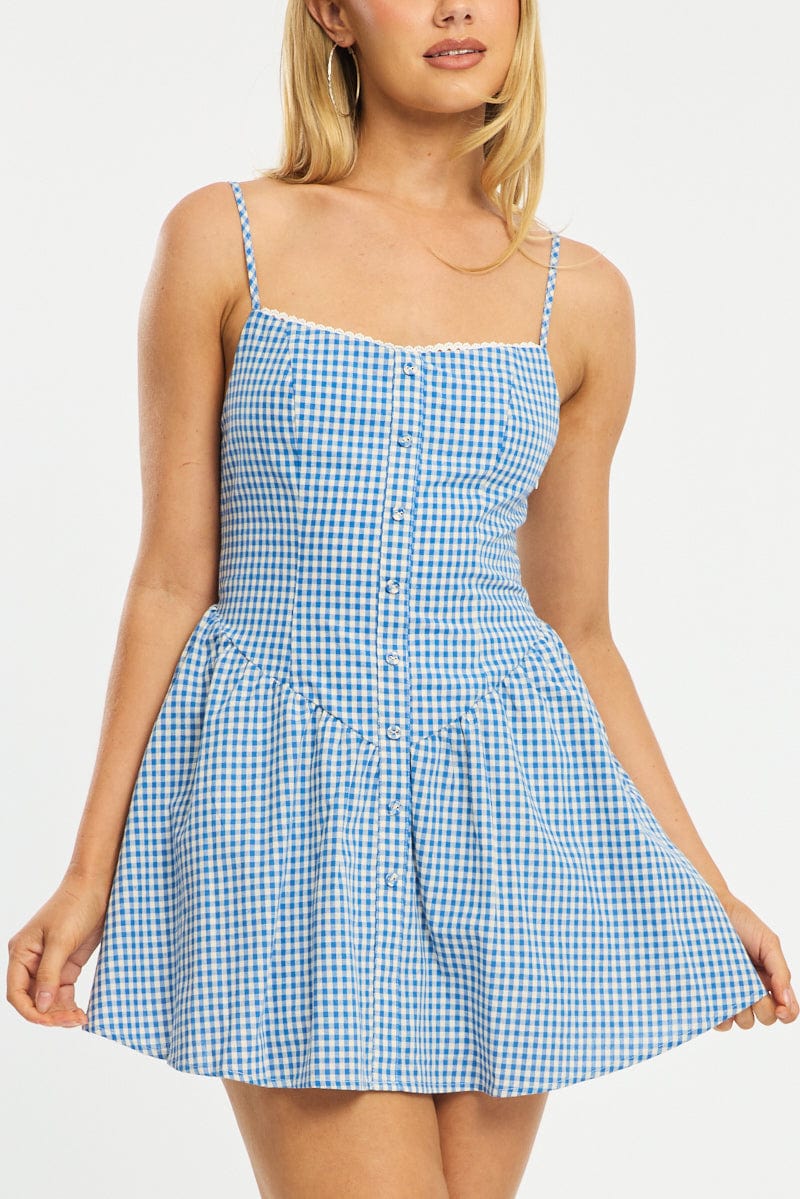 Blue Check Mini Dress Strappy for Ally Fashion