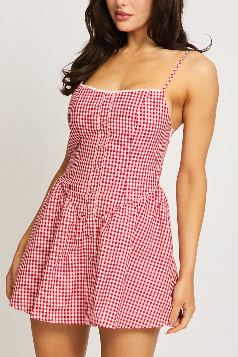 Red Check Mini Dress Strappy for Ally Fashion