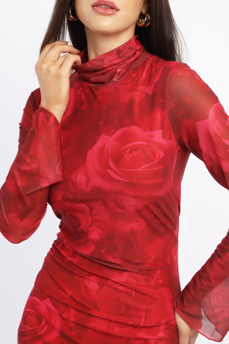 Red Floral Mini Dress High Neck Long Sleeve Mesh | Ally Fashion Red Floral Mini Dress High Neck Long Sleeve Mesh | Ally Fashion