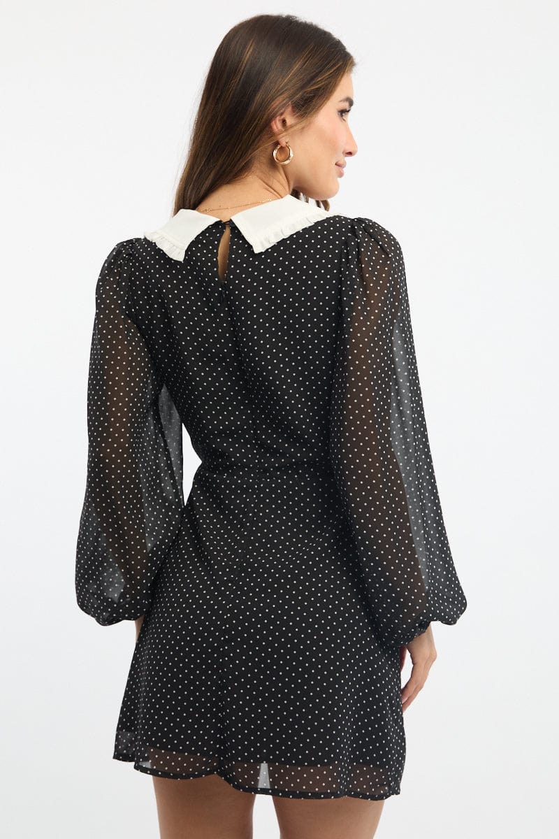 Black Polka Dot Mini Dress Collared for Ally Fashion