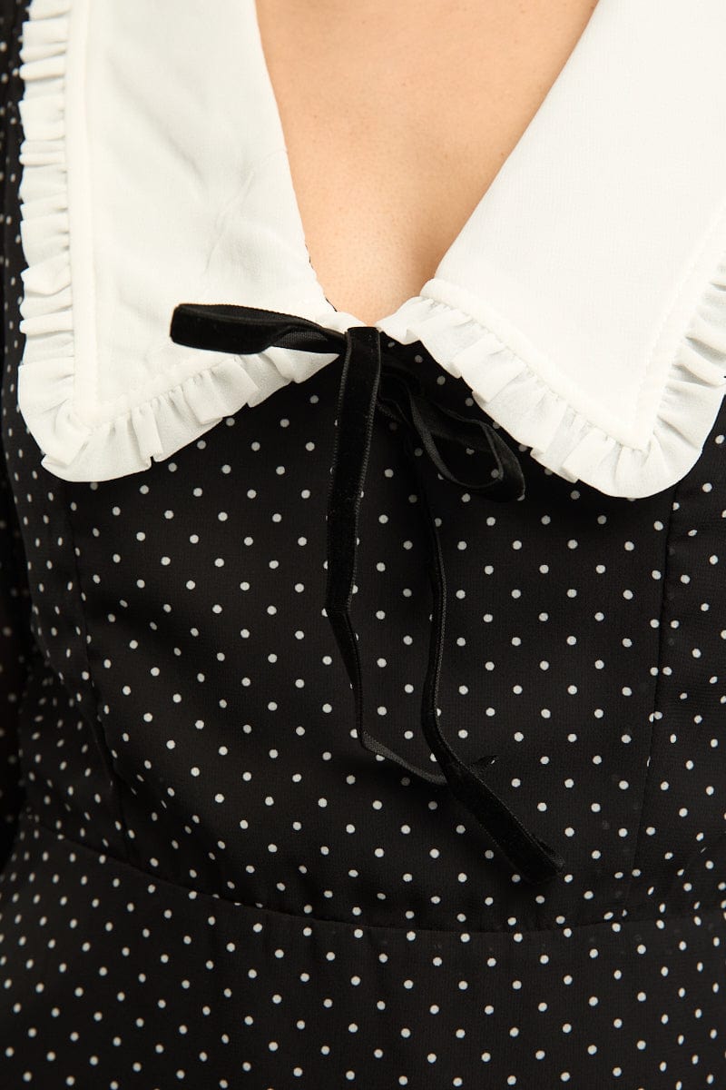 Black Polka Dot Mini Dress Collared for Ally Fashion