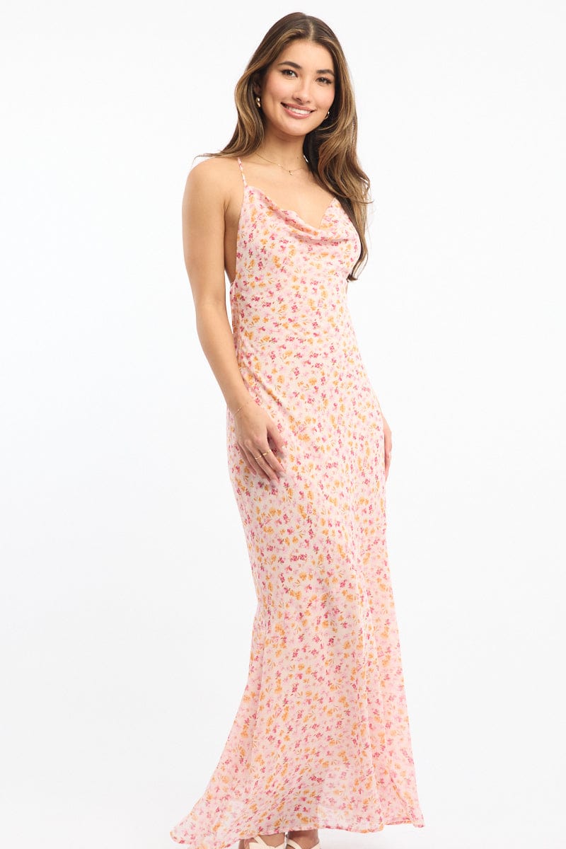 Pink Ditsy Maxi Dress Cowl Neck for Ally Fashion