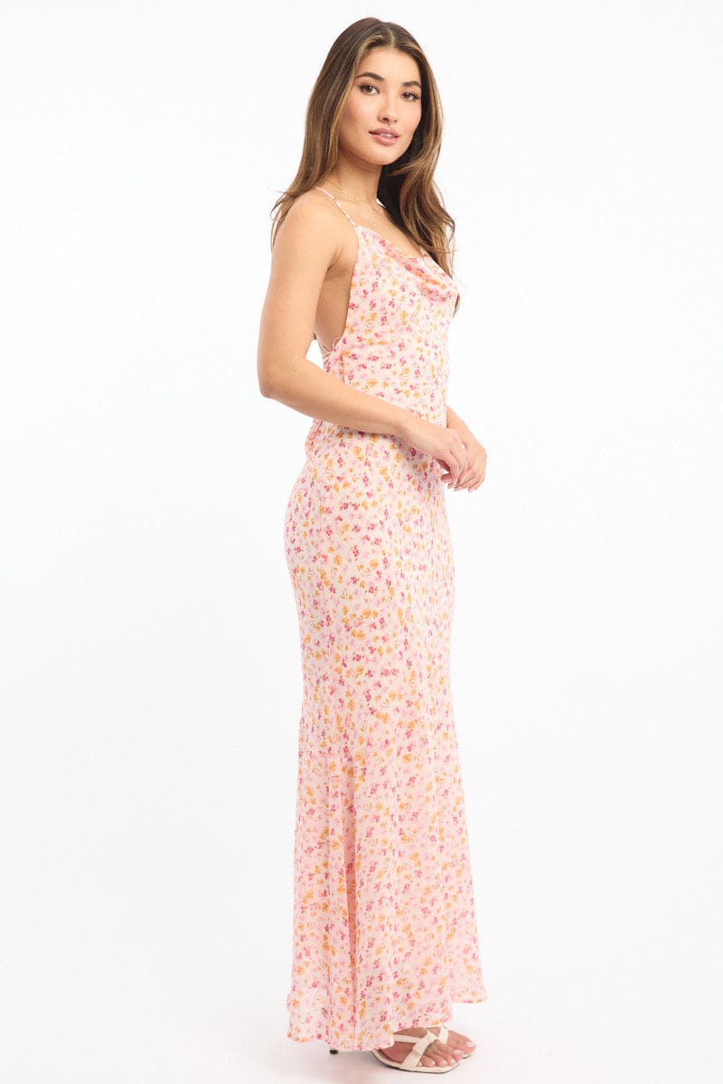 Pink Ditsy Maxi Dress Cowl Neck for Ally Fashion