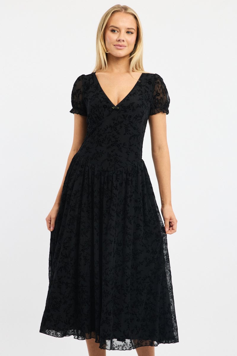 Black Midi Dress Puff Sleeve Burn Out for Ally Fashion
