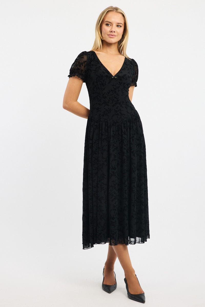Black Midi Dress Puff Sleeve Burn Out for Ally Fashion