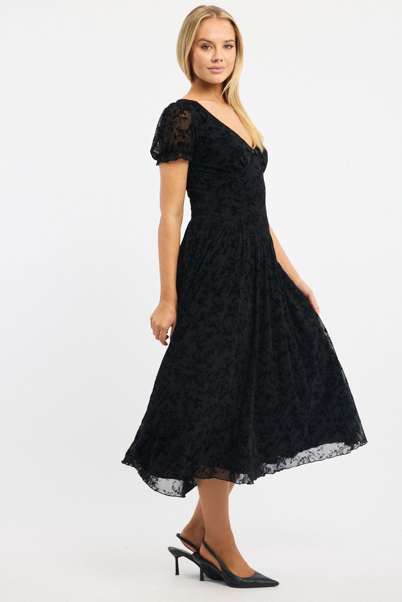 Black Midi Dress Puff Sleeve Burn Out for Ally Fashion