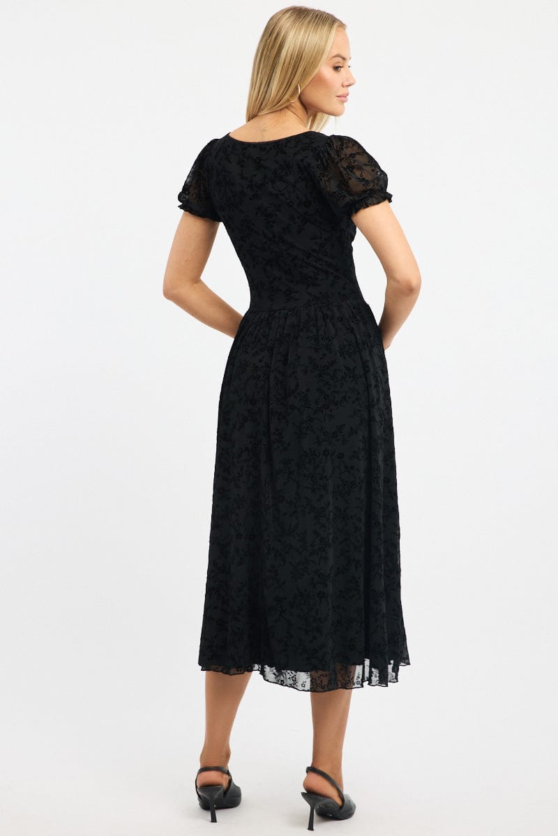 Black Midi Dress Puff Sleeve Burn Out for Ally Fashion